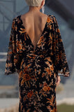 Brown Printed Sheath Ruched Mother of the Bride Dress with Flared Sleeves