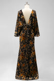 Brown Printed Sheath Ruched Mother of the Bride Dress with Flared Sleeves