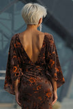 Brown Printed Sheath Ruched Mother of the Bride Dress with Flared Sleeves