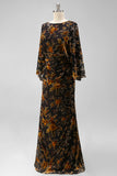 Brown Printed Sheath Ruched Mother of the Bride Dress with Flared Sleeves