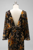 Brown Printed Sheath Ruched Mother of the Bride Dress with Flared Sleeves