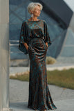 Dark Green Printed Sheath Ruched Mother of the Bride Dress with Flared Sleeves
