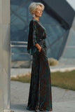 Dark Green Printed Sheath Ruched Mother of the Bride Dress with Flared Sleeves