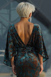 Dark Green Printed Sheath Ruched Mother of the Bride Dress with Flared Sleeves