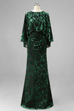 Peacock Blue Printed Sheath Mother of the Bride Dress with Flared Sleeves