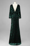 Peacock Blue Printed Sheath Mother of the Bride Dress with Flared Sleeves