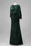 Peacock Blue Sheath Printed Long Mother of the Bride Dress with Flared Sleeves