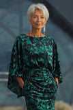 Peacock Blue Printed Sheath Mother of the Bride Dress with Flared Sleeves