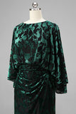 Peacock Blue Sheath Printed Long Mother of the Bride Dress with Flared Sleeves