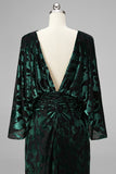Peacock Blue Sheath Printed Long Mother of the Bride Dress with Flared Sleeves