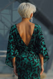 Peacock Blue Printed Sheath Mother of the Bride Dress with Flared Sleeves