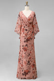 Dusty Rose Floral V Neck Sheath Mother of the Bride Dress with Flared Sleeves
