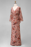 Dusty Rose Floral V Neck Sheath Mother of the Bride Dress with Flared Sleeves