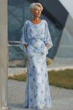 Light Blue Printed Sheath Mother of the Bride Dress with Flared Sleeves