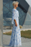 Light Blue Printed Sheath Mother of the Bride Dress with Flared Sleeves