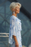 Light Blue Printed Sheath Mother of the Bride Dress with Flared Sleeves