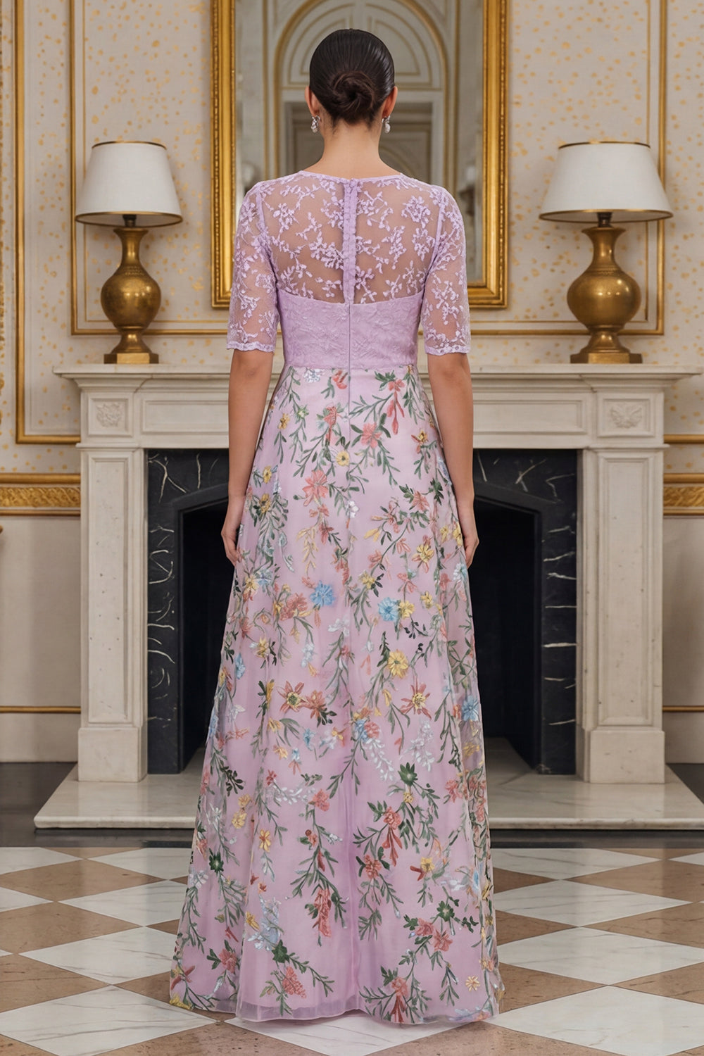 Zapaka Women Lilac Floral Mother of the Bride Dress A Line Half Sleeves
