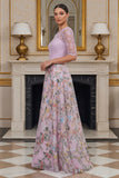 Lilac A Line Floral Half Sleeves Long Mother of the Bride Dress with Embroidery