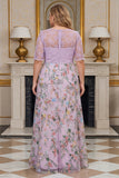 Lilac Floral A Line Embroidered Plus Size Mother of the Bride Dress with Half Sleeves