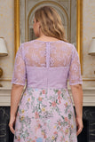 Lilac Floral A Line Embroidered Plus Size Mother of the Bride Dress with Half Sleeves