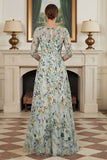 Green Flower A Line Embroidered 3/4 Sleeves Long Mother of the Bride Dress