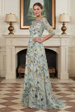 Green Flower A Line Embroidered 3/4 Sleeves Long Mother of the Bride Dress