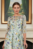 Green Flower A Line Embroidered 3/4 Sleeves Long Mother of the Bride Dress