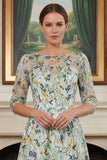 Green Flower A Line Embroidered 3/4 Sleeves Long Mother of the Bride Dress