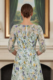 Green Flower A Line Embroidered 3/4 Sleeves Long Mother of the Bride Dress