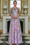 Green Flower A Line Embroidered 3/4 Sleeves Long Mother of the Bride Dress