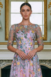 Green Flower A Line Embroidered 3/4 Sleeves Long Mother of the Bride Dress