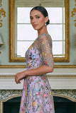 Green Flower A Line Embroidered 3/4 Sleeves Long Mother of the Bride Dress