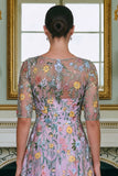 Green Flower A Line Embroidered 3/4 Sleeves Long Mother of the Bride Dress