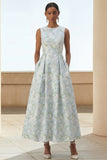 Dusty Blue A Line Jacquard Floral Maxi Dress with Pockets