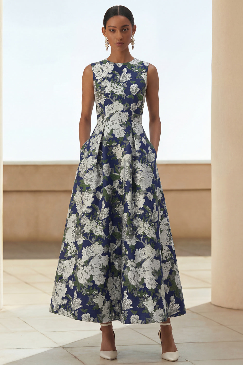 ZAPAKA Women Navy Flower Print Midi Dress with Pockets A Line Round Neck Wedding Guest Dress, Navy Flower / US16W