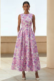Dusty Blue A Line Jacquard Floral Maxi Dress with Pockets