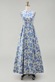 Dusty Blue A Line Jacquard Floral Maxi Dress with Pockets