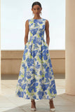 Dusty Blue A Line Jacquard Floral Maxi Dress with Pockets
