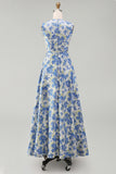 Dusty Blue A Line Jacquard Floral Maxi Dress with Pockets