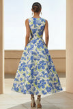 Dusty Blue A Line Jacquard Floral Maxi Dress with Pockets