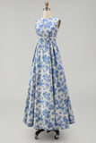 Dusty Blue A Line Jacquard Floral Maxi Dress with Pockets