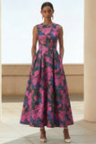 Dusty Blue A Line Jacquard Floral Maxi Dress with Pockets