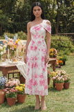 White One Shoulder Fuchsia Flower Printed A Line Midi Dress