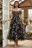Ivory Off the Shoulder Flower Corset Appliqued A Line Tulle Midi Dress