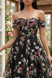 Ivory Off the Shoulder Flower Corset Appliqued A Line Tulle Midi Dress