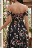 Ivory Off the Shoulder Flower Corset Appliqued A Line Tulle Midi Dress