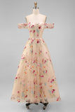 Ivory Off the Shoulder Flower Corset Appliqued A Line Tulle Midi Dress