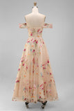 Ivory Off the Shoulder Flower Corset Appliqued A Line Tulle Midi Dress