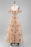 Ivory Off the Shoulder Flower Corset Appliqued A Line Tulle Midi Dress