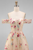 Ivory Off the Shoulder Flower Corset Appliqued A Line Tulle Midi Dress